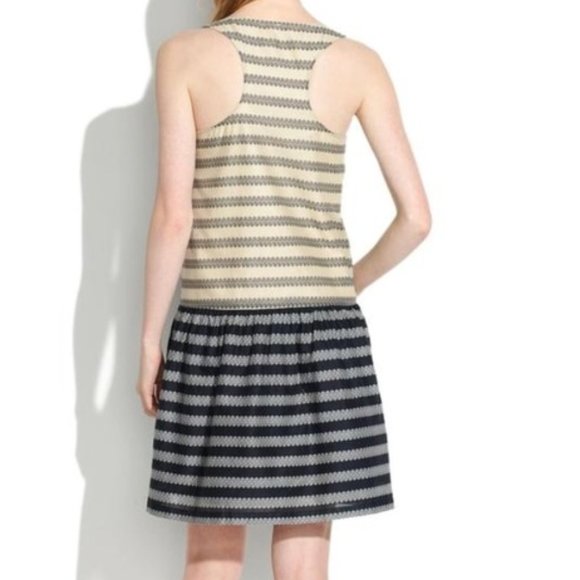 Madewell Dropwaist Trellis Stripe Swing Cotton Dress Black Tan Size Small NWT - Picture 2 of 13